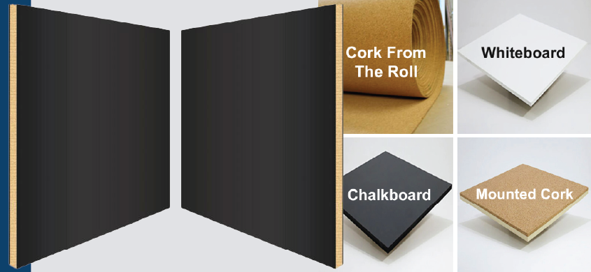 We offer Cork from the Roll, Mounted Cork, Chalk Boards, White Boards. 