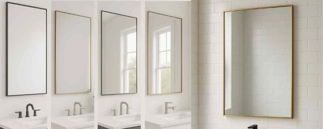 Modern spaces using thin metal framed mirrors in different settings